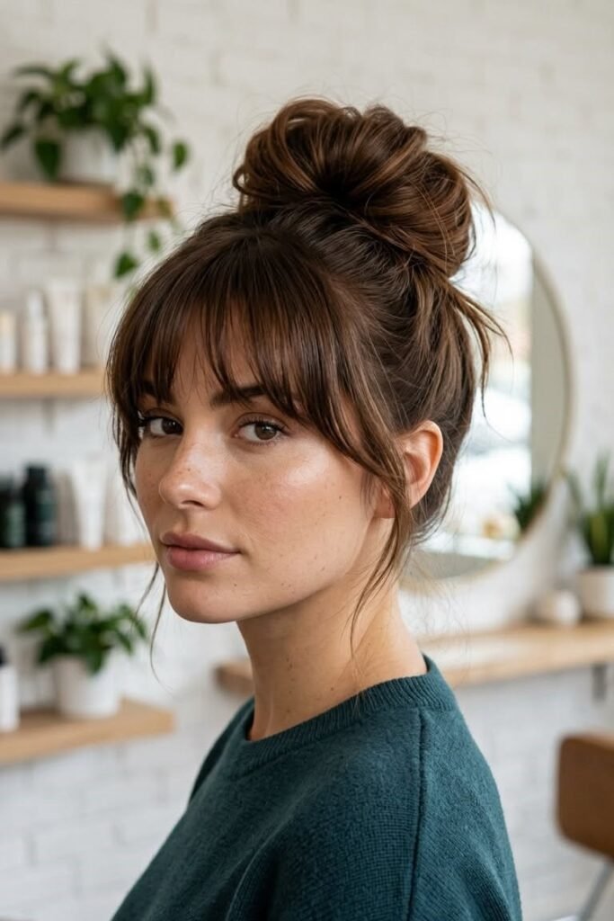 12. High Topknot Bun with Full Wispy Fringe and Tendrils