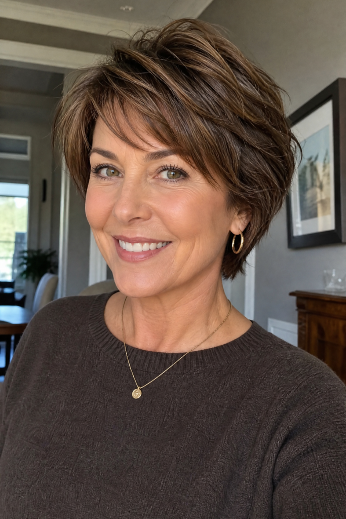 12. Layered Chestnut Bob with Side-Swept Bangs