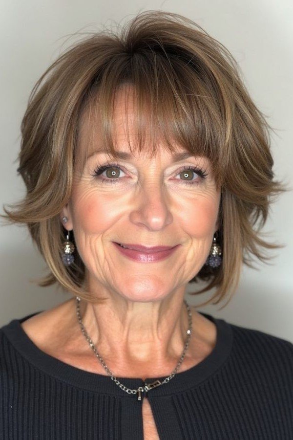 12. Layered Chestnut Bob with Wispy Straight Bangs