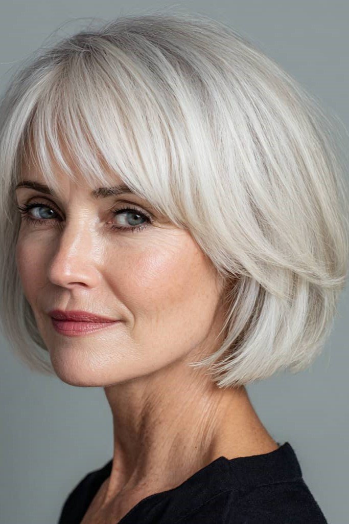 12. Layered Silver Bob with Soft Straight Fringe