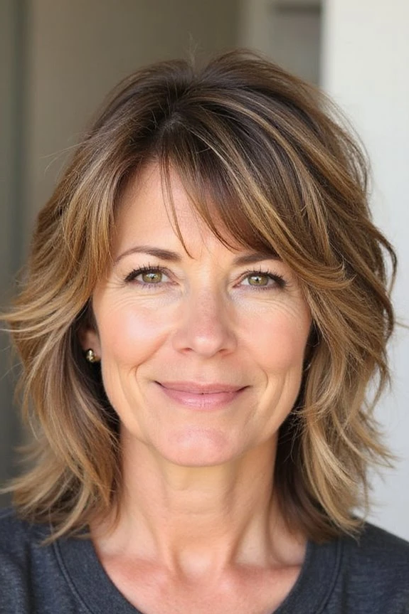 12. Layered Warm Honey-Blonde Lob with Side Swept Bangs