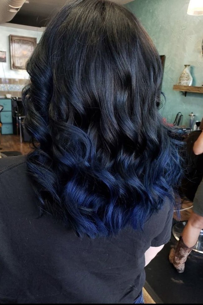 12. (Long Wavy Dark Chocolate Hair with Bright Royal Blue Ombre)
