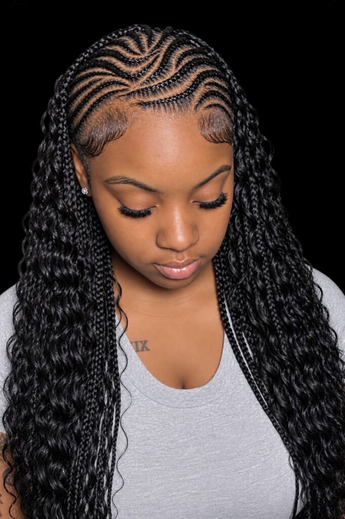 12. Long Wavy Stitch Braids with Curly Ends and Laid Edges