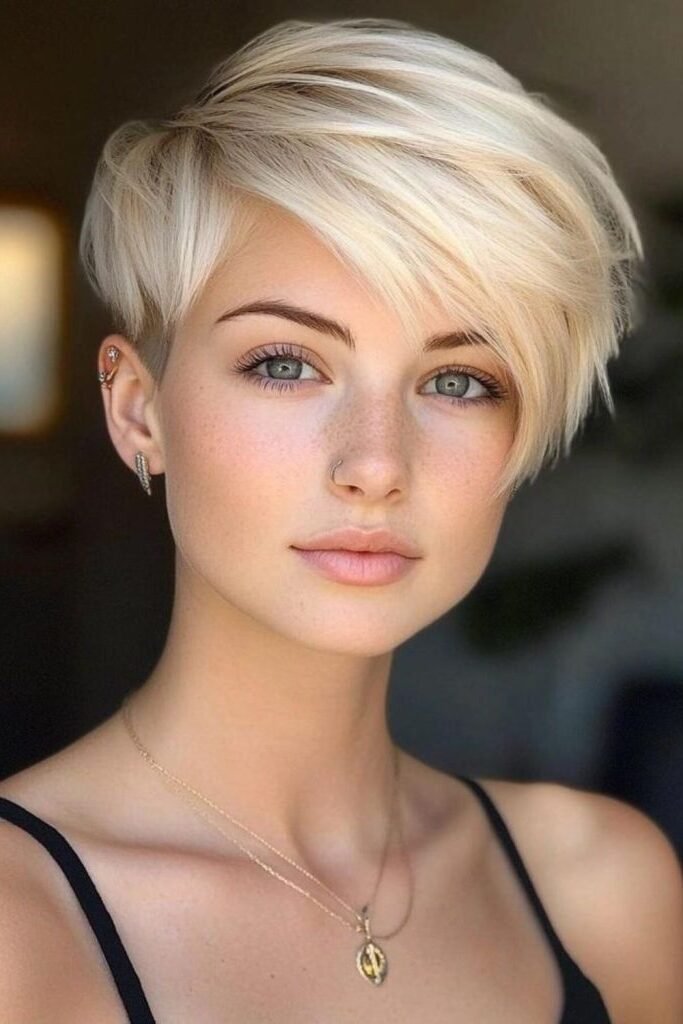 12. Platinum Blonde Side-Swept Pixie Cut with Undercut