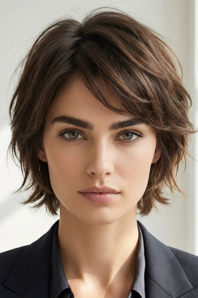 12. Soft Layered Dark Chestnut Brown Shaggy Bob with Side-Swept Bangs