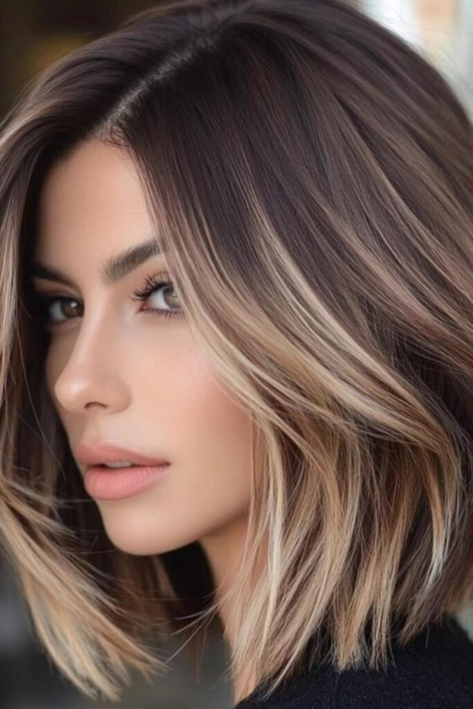 12. Straight Dark Brown Bob with Light Blonde Face-Framing Strands