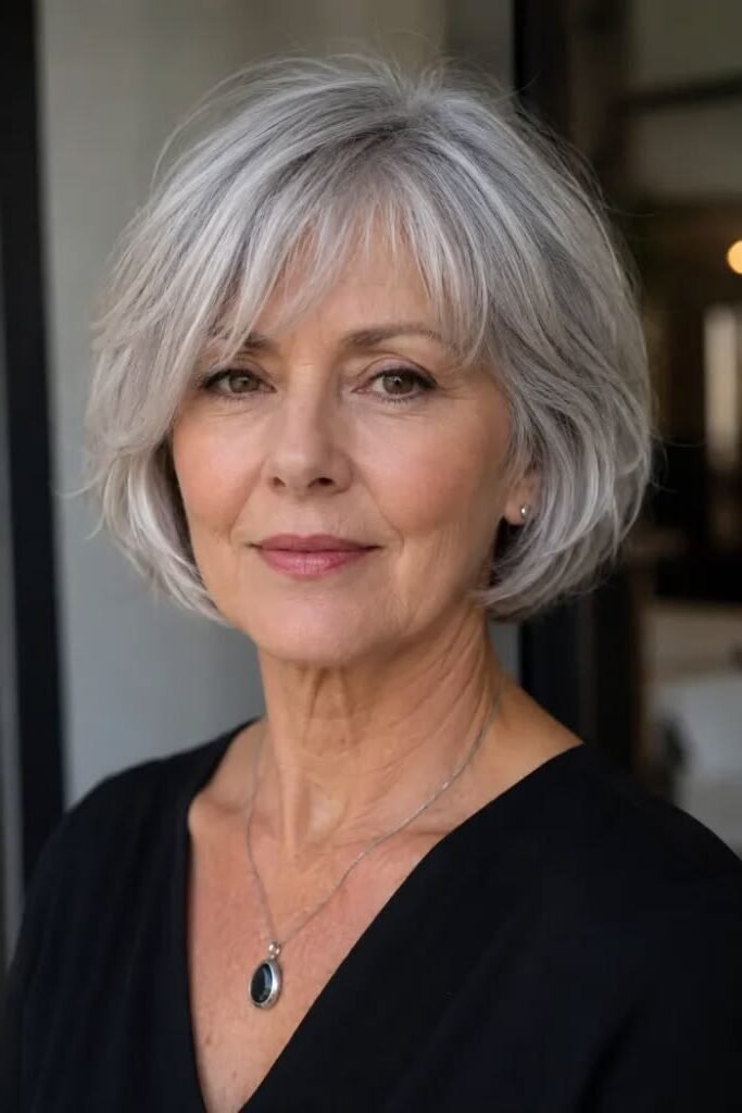 12. Textured Grey Layered Bob with Wispy Fringe