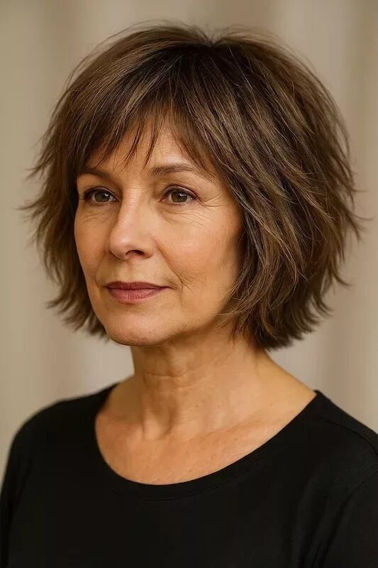 12. Textured Layered Brown Bob with Wispy Fringe