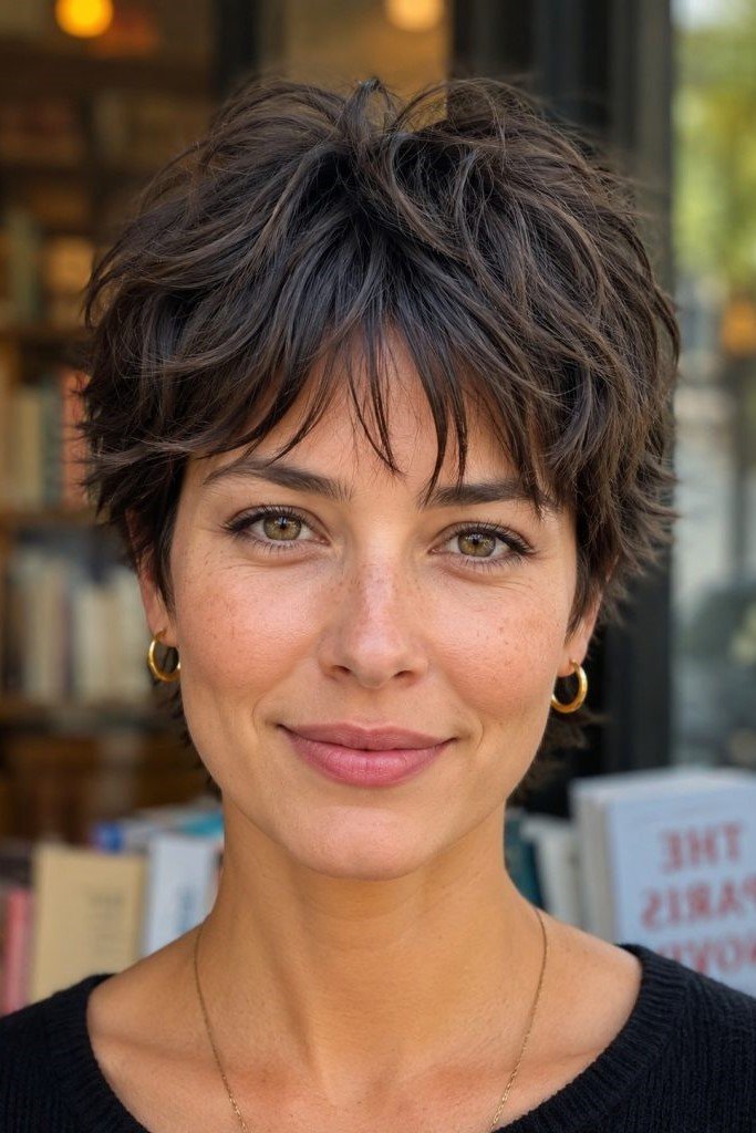 12. Textured Wavy Dark Brown Pixie with Wispy Curtain Bangs