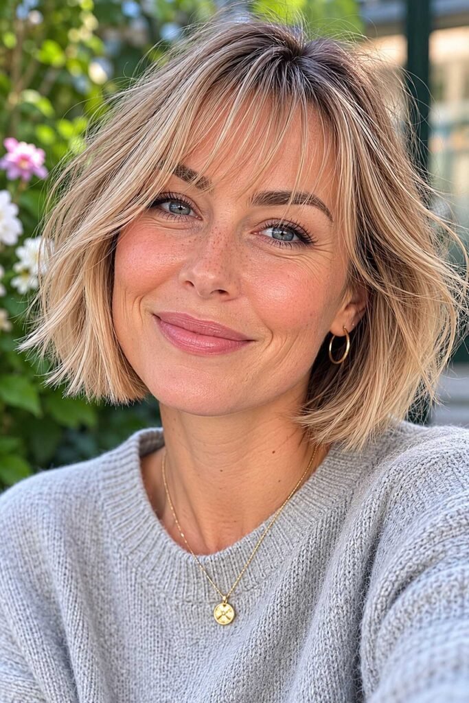12. Tousled Blonde Textured Bob with See-Through Bangs