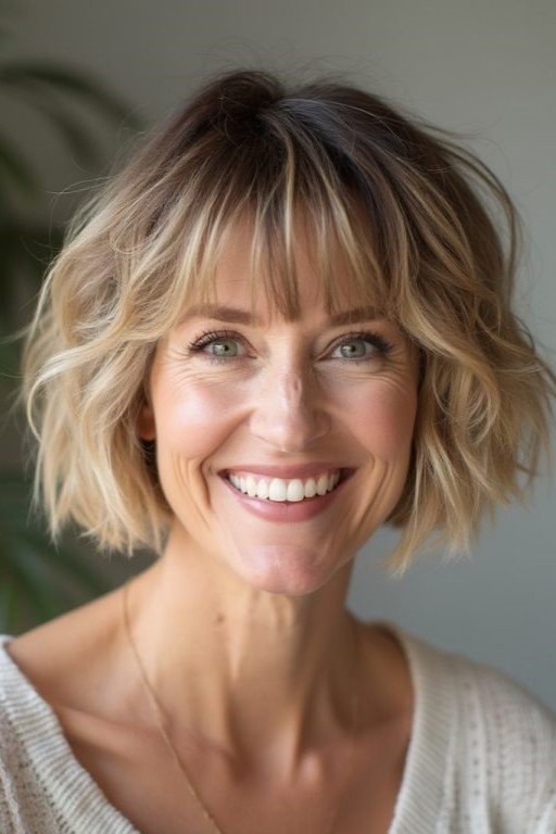 12. Tousled Honey Blonde Shag Cut with Soft Wispy Fringe