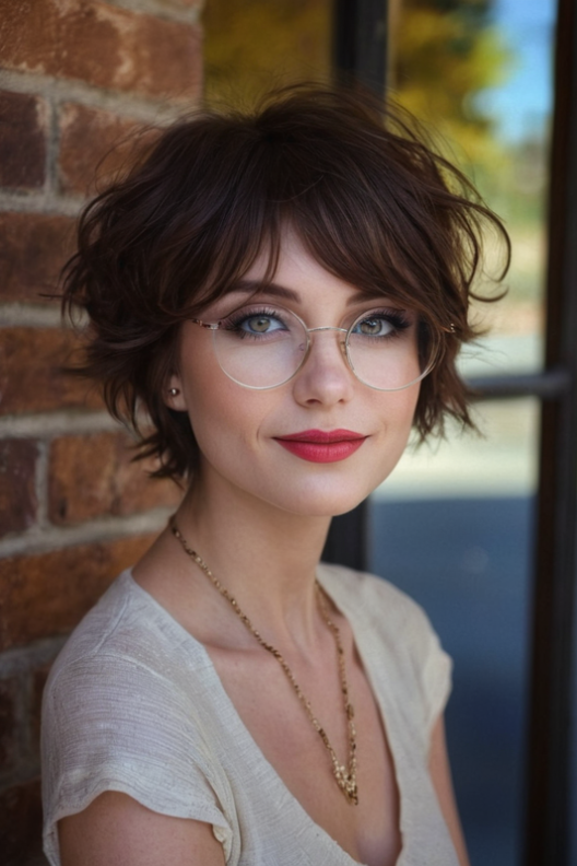 12. Tousled Wavy Dark Brown Pixie Bob with Curtain Bangs and Glasses