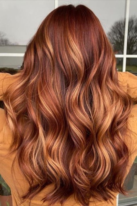 12. Vibrant Auburn Waves Blend with Honey Copper Balayage