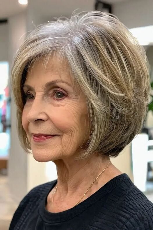 12. Voluminous Layered Blonde-Grey Bob with Soft Fringe