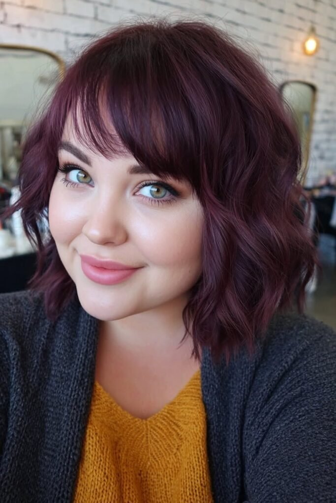 12. Wavy Burgundy Bob with Side-Swept Bangs