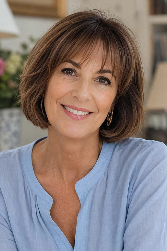 13. Classic Soft Layered Brown Bob with Wispy Bangs