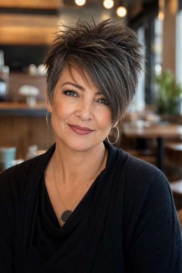 13. Dark Ash Brown Spiky Pixie with Side-Swept Bangs