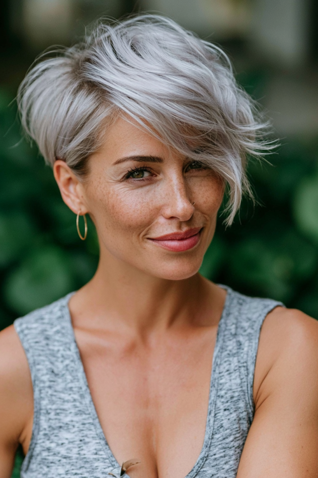 13. Layered Silver Pixie Bob with Soft Swept Fringe