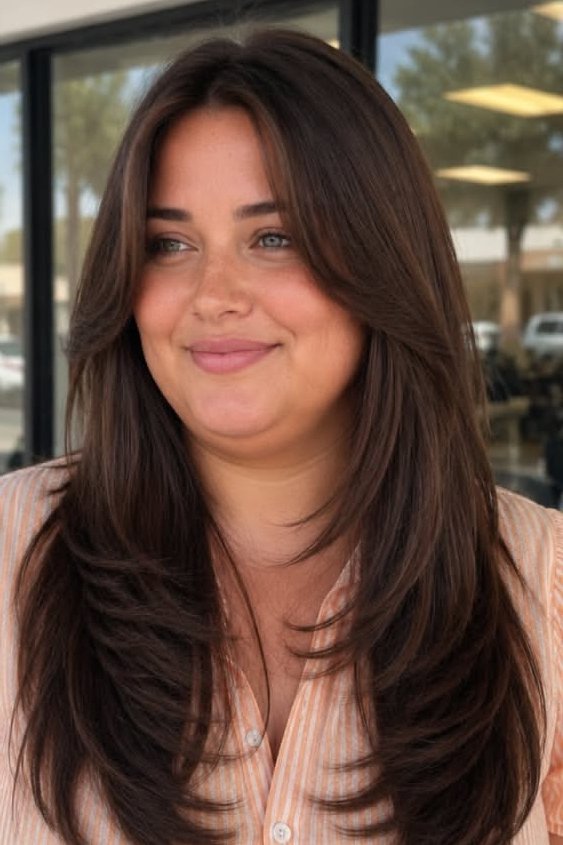 13. Long Brunette Layers with Face-Framing Curtain Bangs