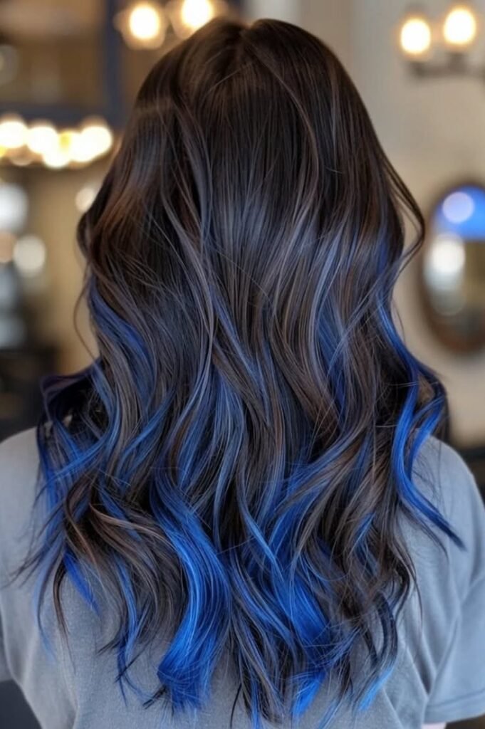 13. (Long Wavy Brunette Hair with Bright Turquoise-Blue Balayage Highlights)