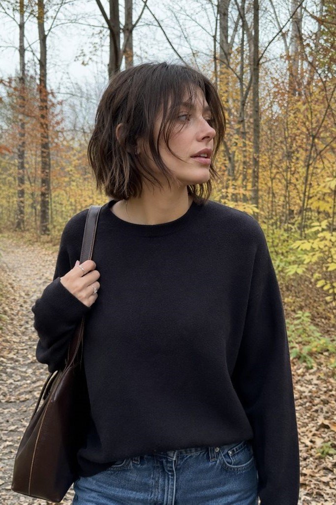 13. Messy Shaggy Dark Brown Bob with Piecey Wispy Bangs