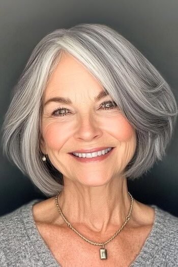 13. Rounded Silver Bob with Curved Ends and Side Part