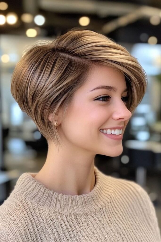 13. Rounded Stacked Bob with Side-Swept Bangs and Highlights