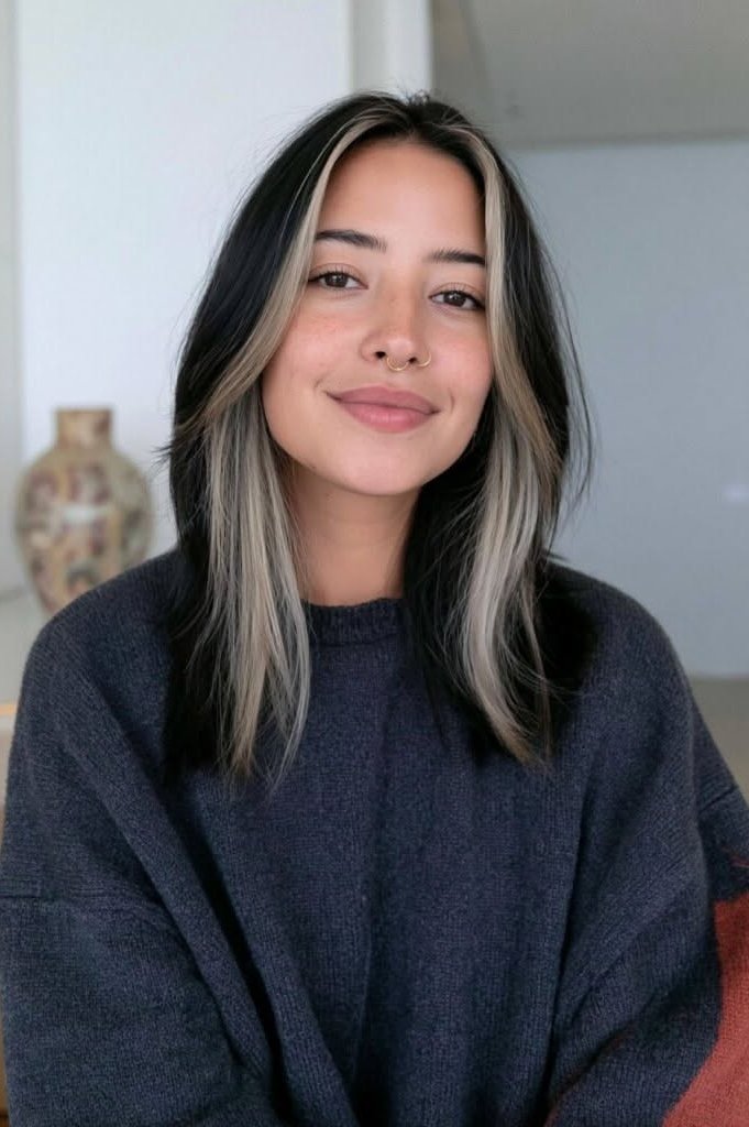 13. Shoulder-Length Black Hair with Icy Blonde Money Piece and Framing Layers
