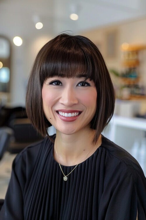 13. Sleek Dark Brunette Classic Bob with Full Straight Fringe
