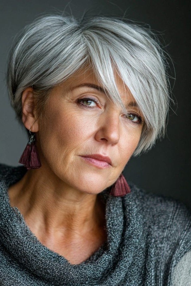 13. Sleek Silver Asymmetrical Pixie Bob with Long Side Fringe