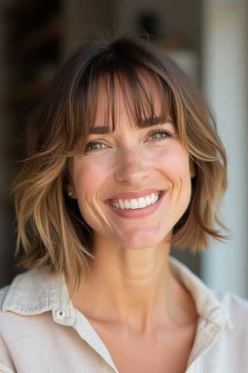 13. Soft Brunette Layered Bob with Wispy Curtain Fringe