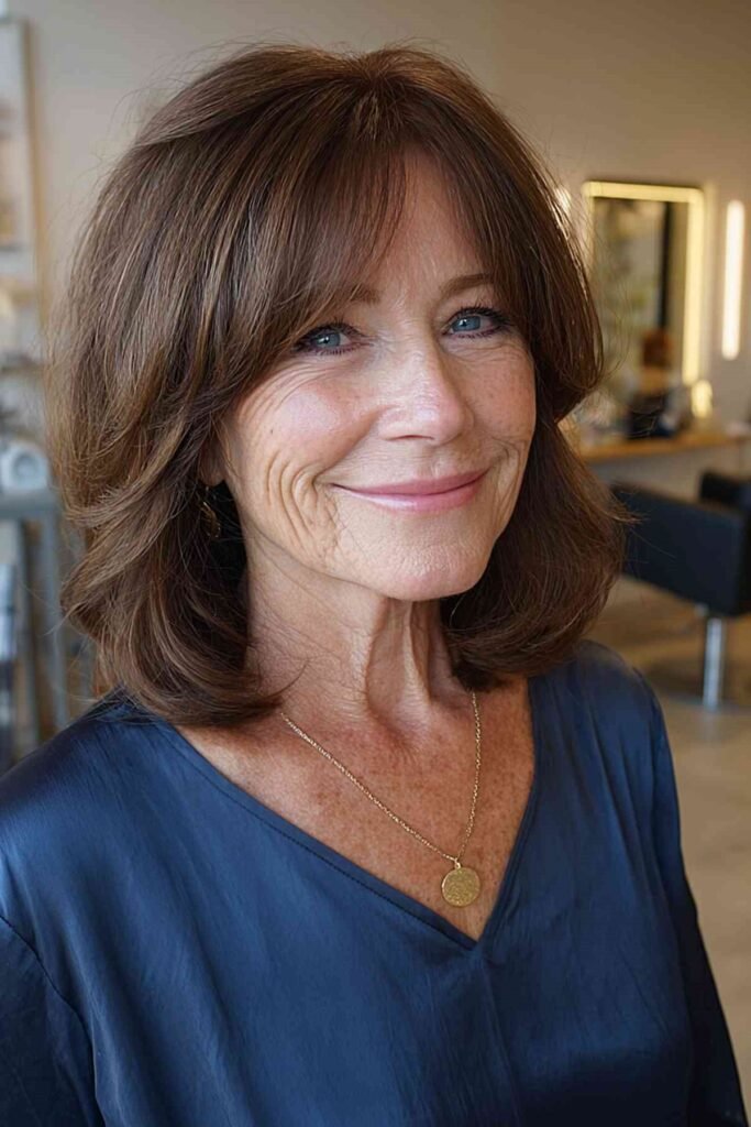 13. Soft Chestnut Brown Bob with Wispy Fringe