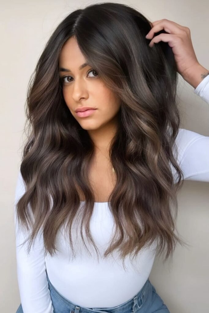 13. Soft Chocolate Brunette with Subtle Mushroom Tone-on-Tone Balayage Waves
