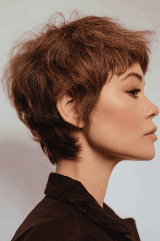 13. Soft Layered Auburn Pixie with Short Fringe