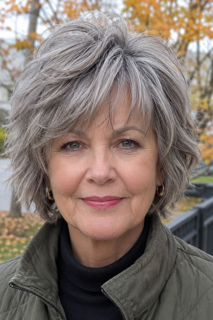 13. Soft Silver Textured Shag with Wispy Bangs