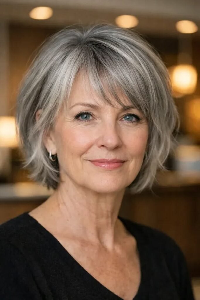 13. Soft Textured Layered Bob with Wispy Side-Swept Bangs