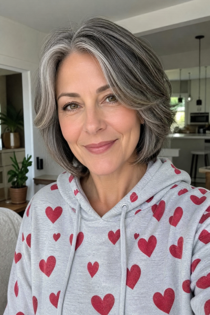 13. Soft Voluminous Grey Bob with Swept Face Framing