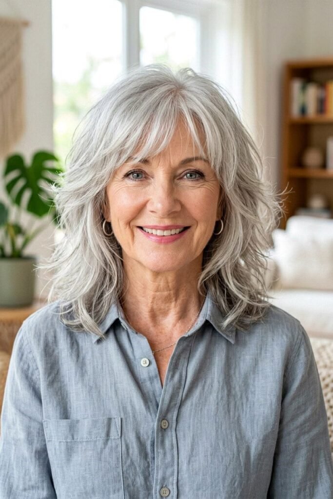 13. Textured Ash Silver Medium Shag with Light Wispy Bangs