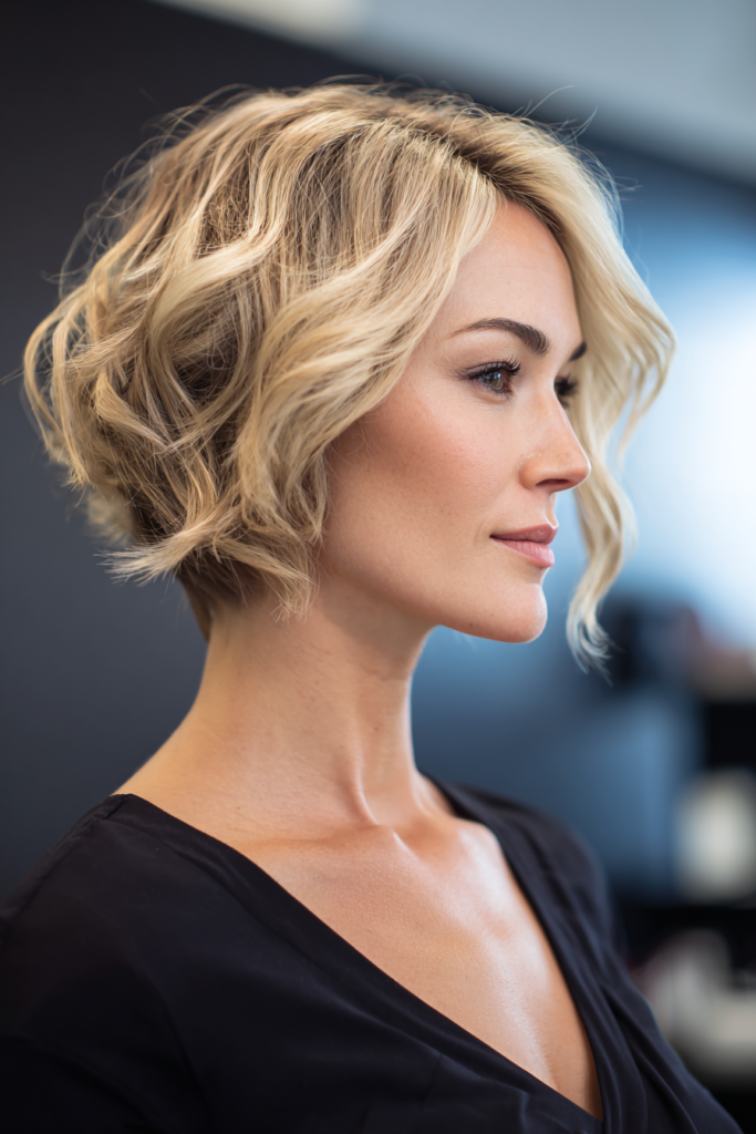 13. Textured Blonde Wavy Stacked Bob