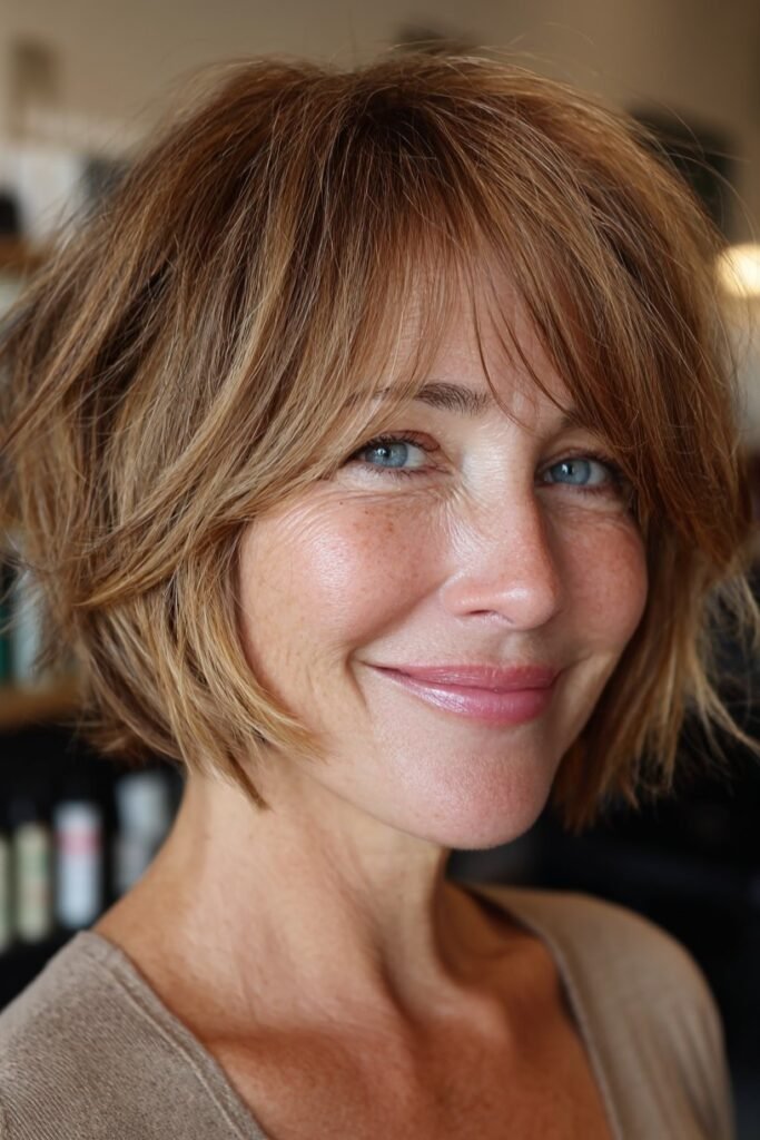 13. Textured Golden Warm Blonde Bob with Full Wispy Bangs