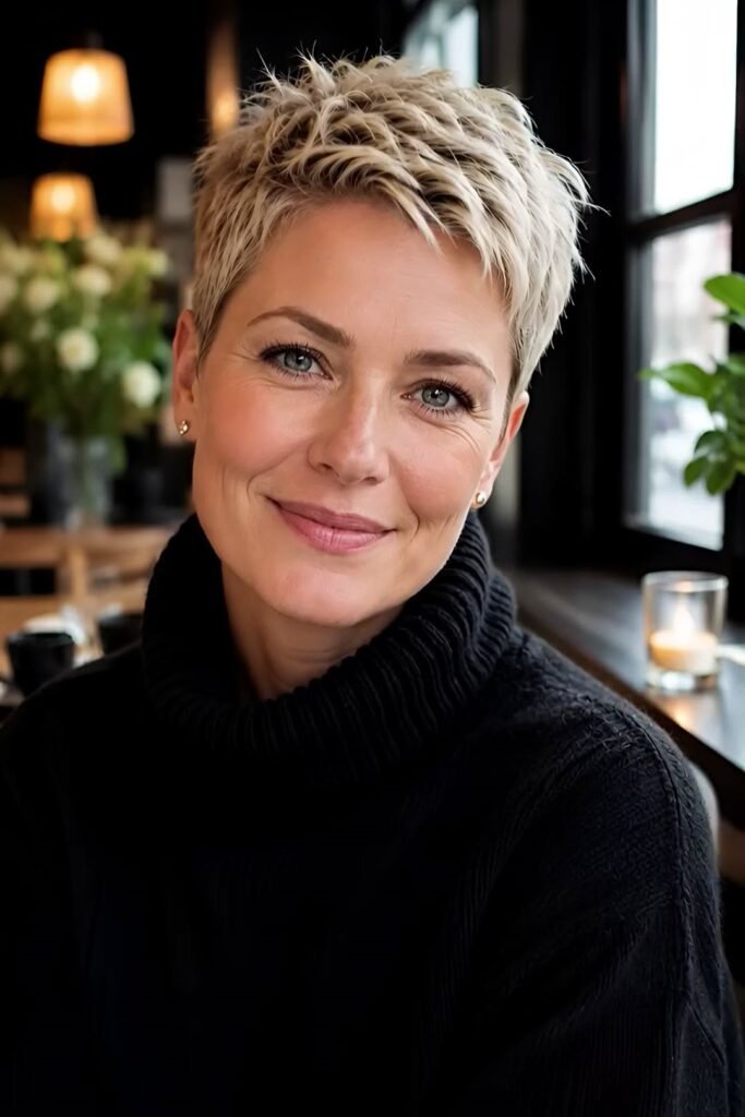13. Textured Platinum Pixie Cut with Spiky Crown