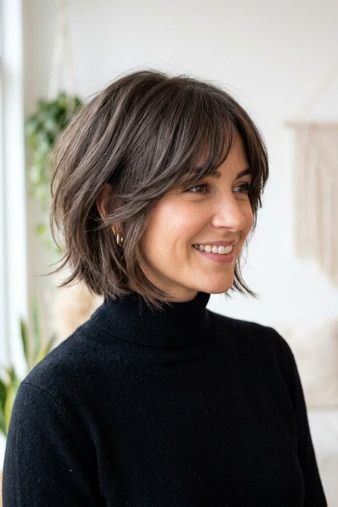 13. Tousled Brunette Bob with Curtain Bangs