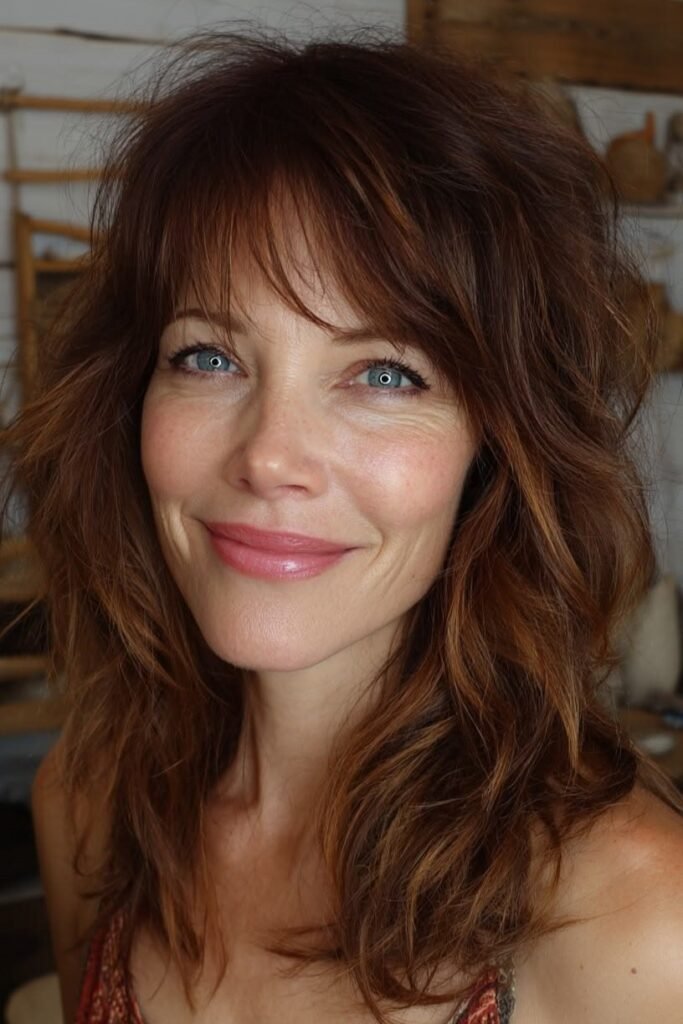 13. Voluminous Chestnut Brown Shag Cut with Side-Swept Bangs