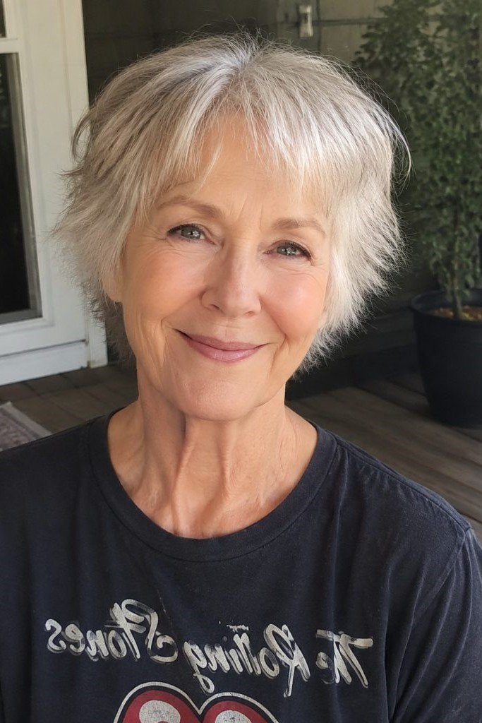 14. Casual Soft Silver Pixie Bob with Wispy Bangs