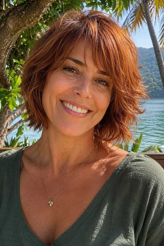14. Copper Red Choppy Shag Bob with Layered Bangs