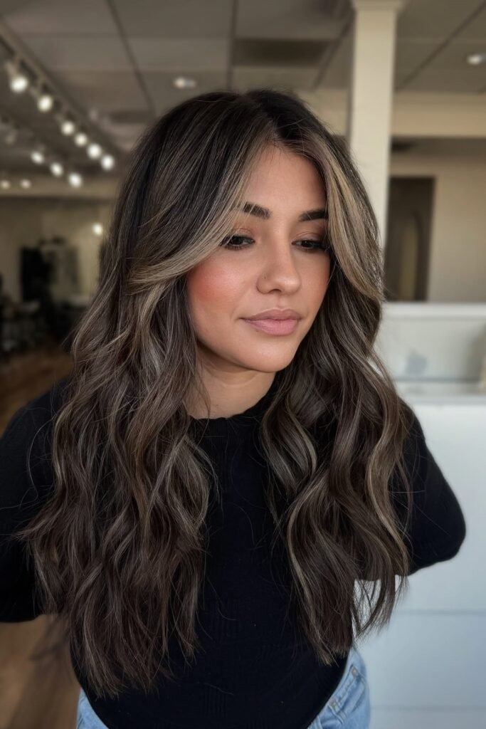 14. Dark Brown Hair with Bright Honey-Brunette Tone-on-Tone Balayage and Curtain Bangs