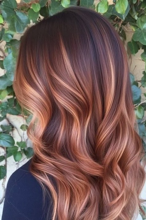 14. Glossy Rose Copper Waves with Dark Chocolate Roots