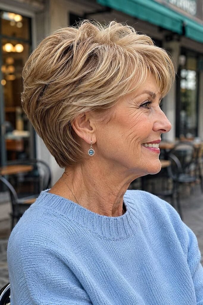 14. Layered Blonde Pixie Bob with Side-Swept Fringe