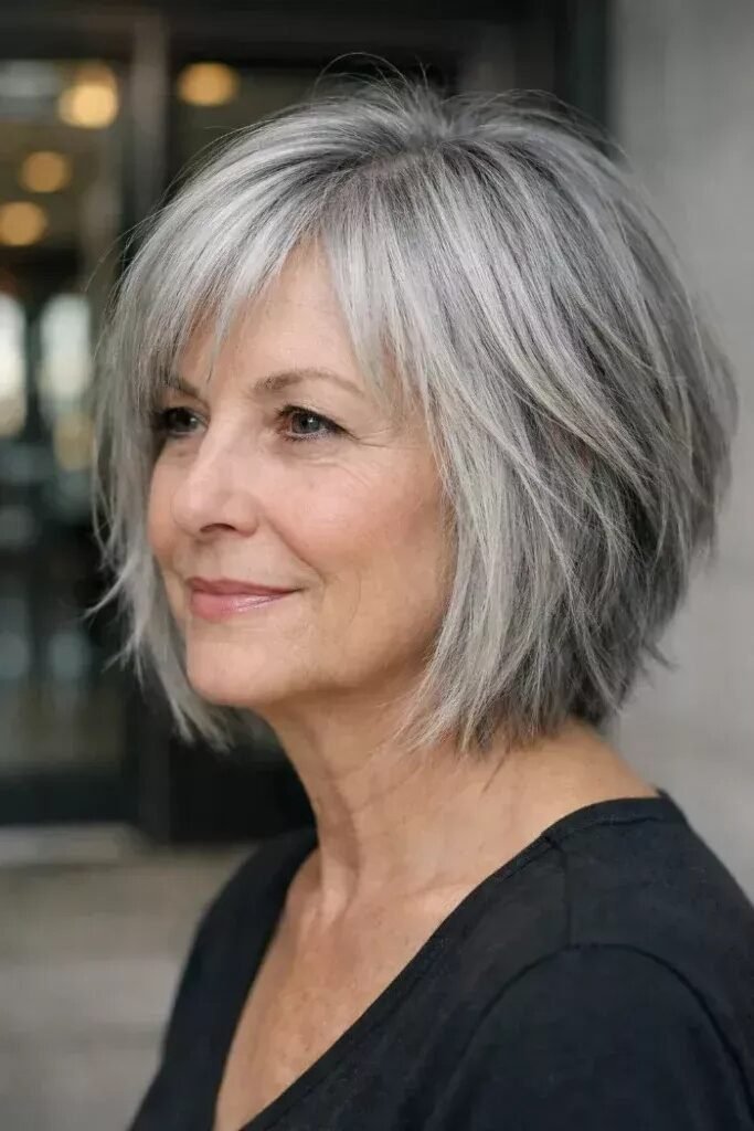 14. Layered Silver Bob with Curtain Bangs