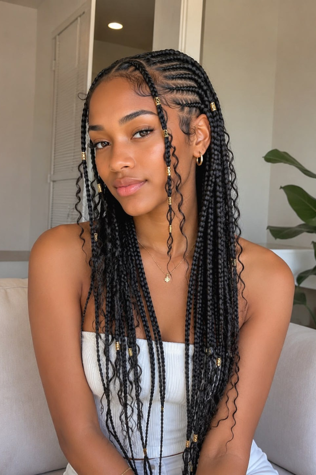 14. Long Boho Stitch Braids with Gold Cuffs and Face-Framing Strands